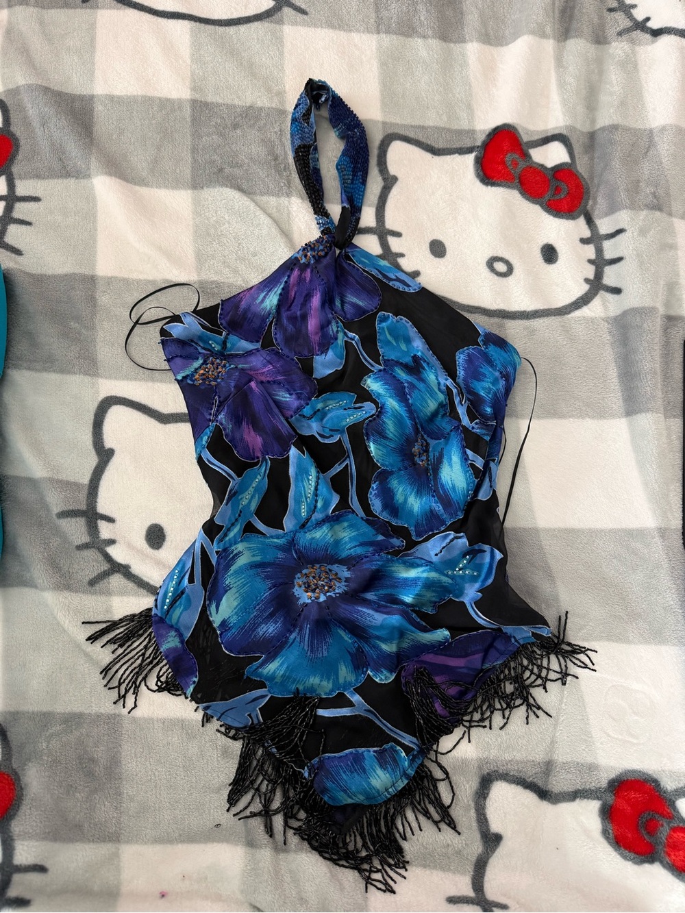 Vintage Cache Black Bag with Blue & Teal Accent beaded fringe shirt